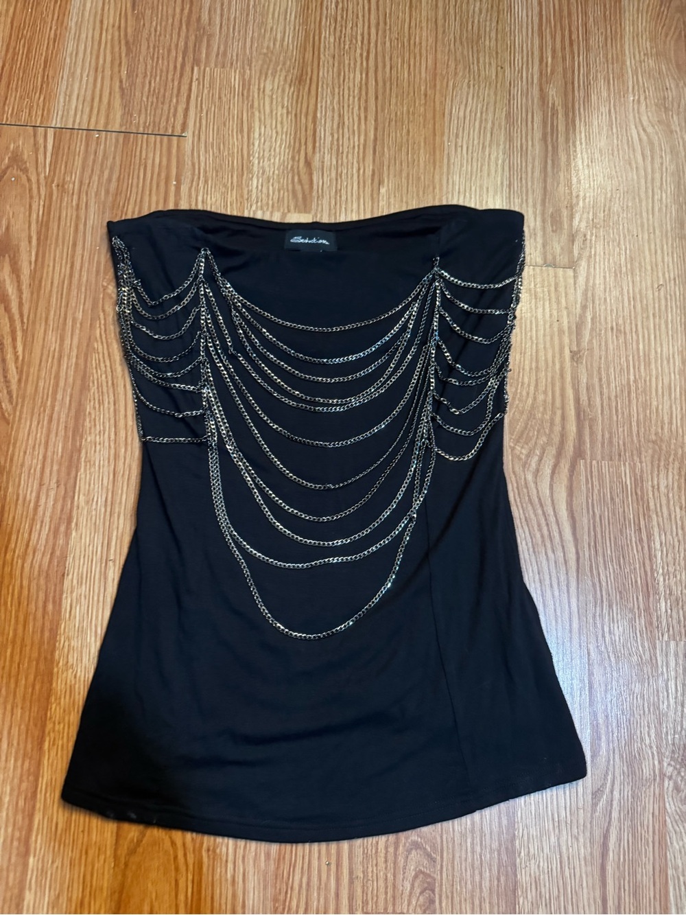 Strapless Black Tube Top with Silver Chain detail
